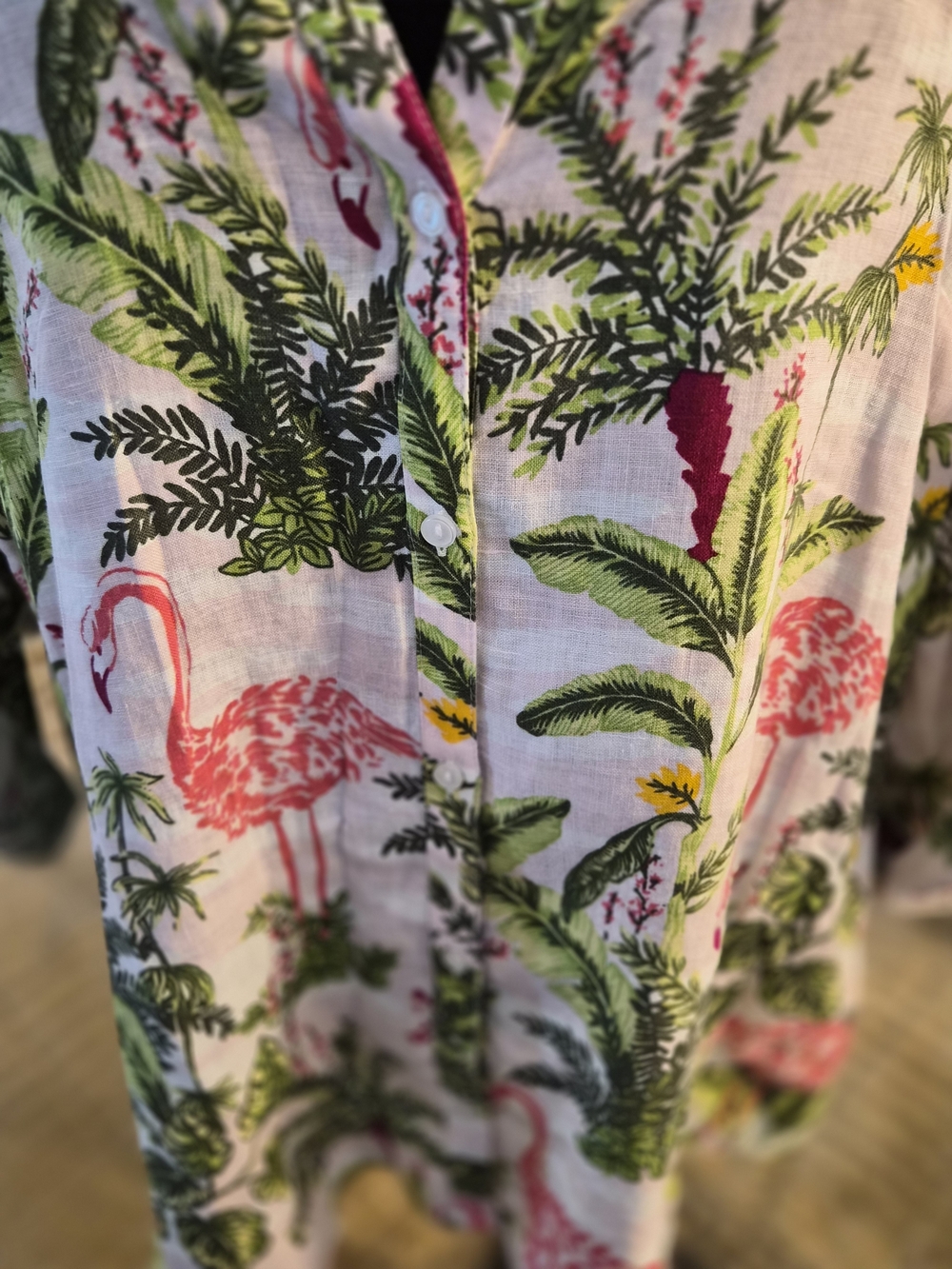 100% Linen - Flamingo Print Lightweight Women’s Blouse - Pink/Green - Picture 7 of 7